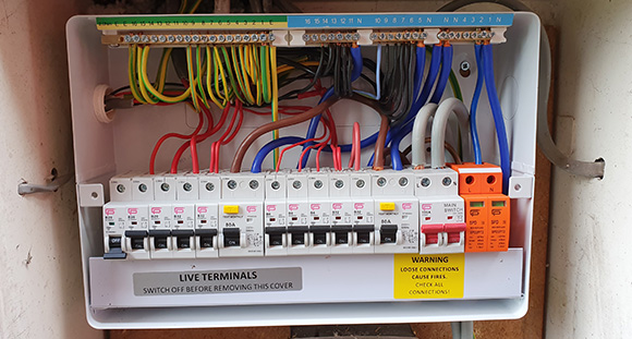 a newly installed fuse board with a circuit breaker